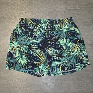 Green and Yellow Flat Front Shorts with Tropical Print